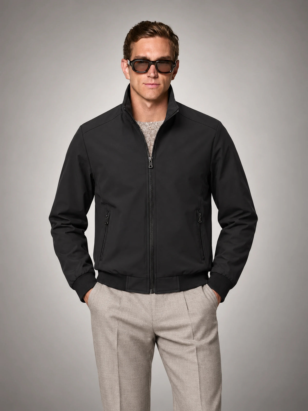 Men's Lightweight Stand-Collar Jacket in Black — front view