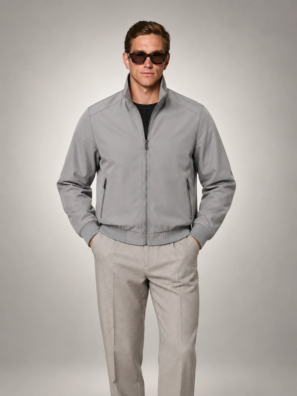 Men's Lightweight Stand-Collar Jacket in Light Grey — front view