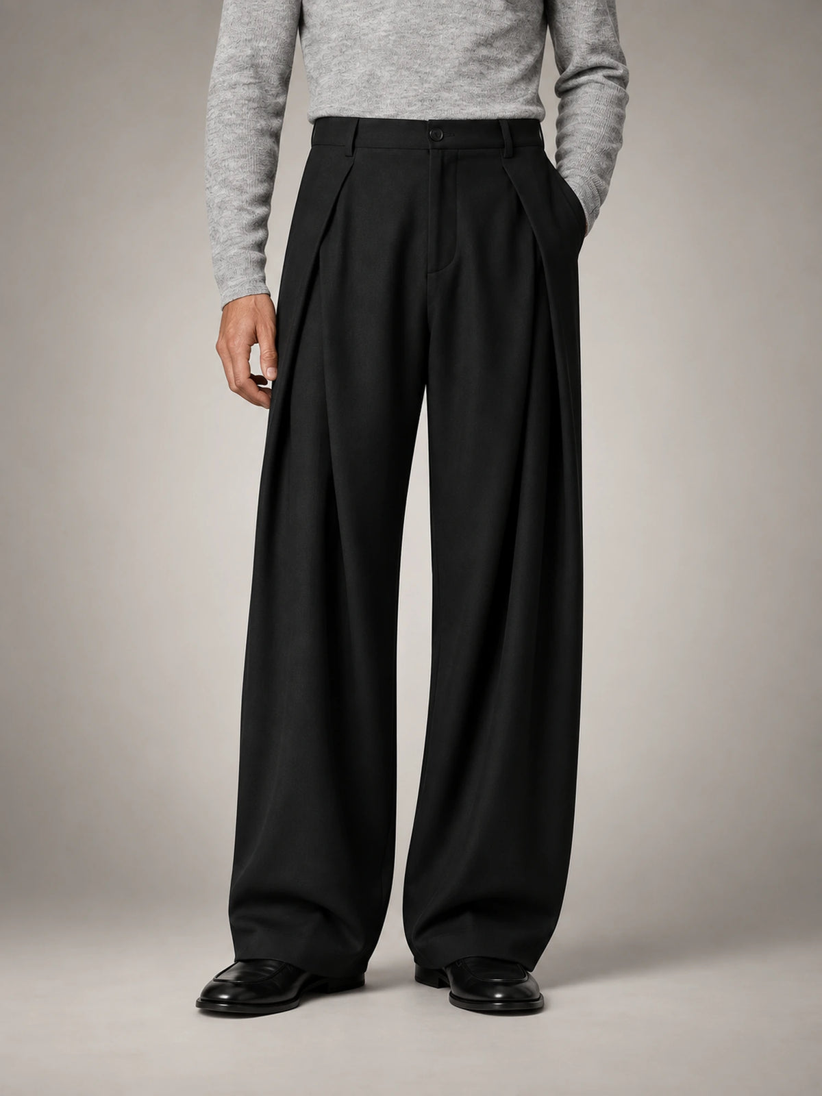 Men's Box-Pleat Wide-Leg Trousers in Black — front view