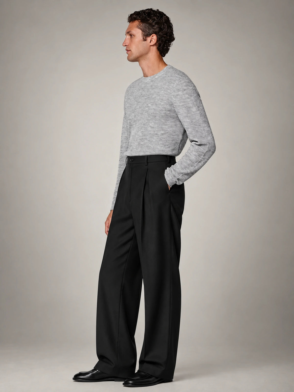 Men's Box-Pleat Wide-Leg Trousers in Black — side view 2
