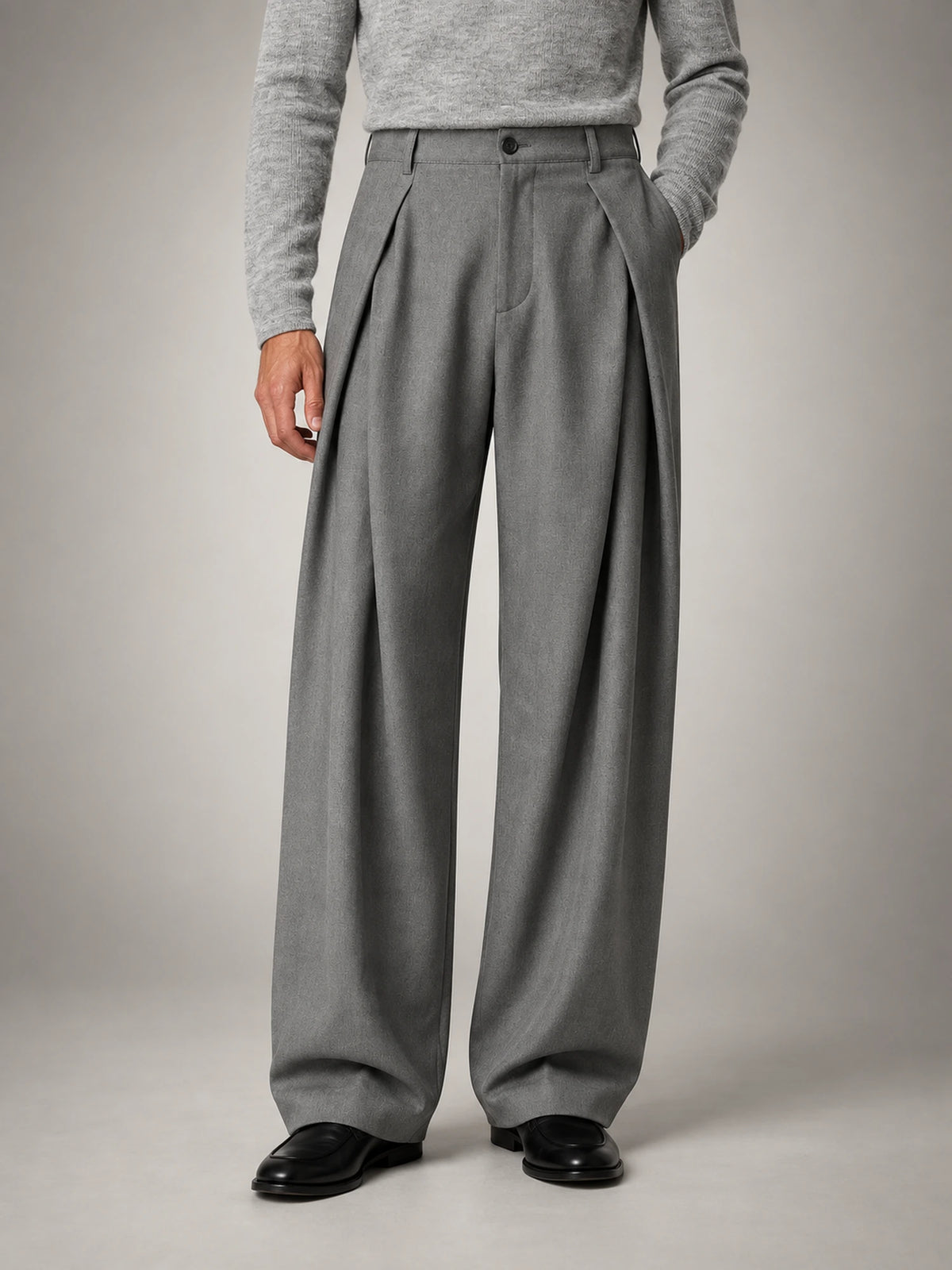 Men's Box-Pleat Wide-Leg Trousers in Grey — front view