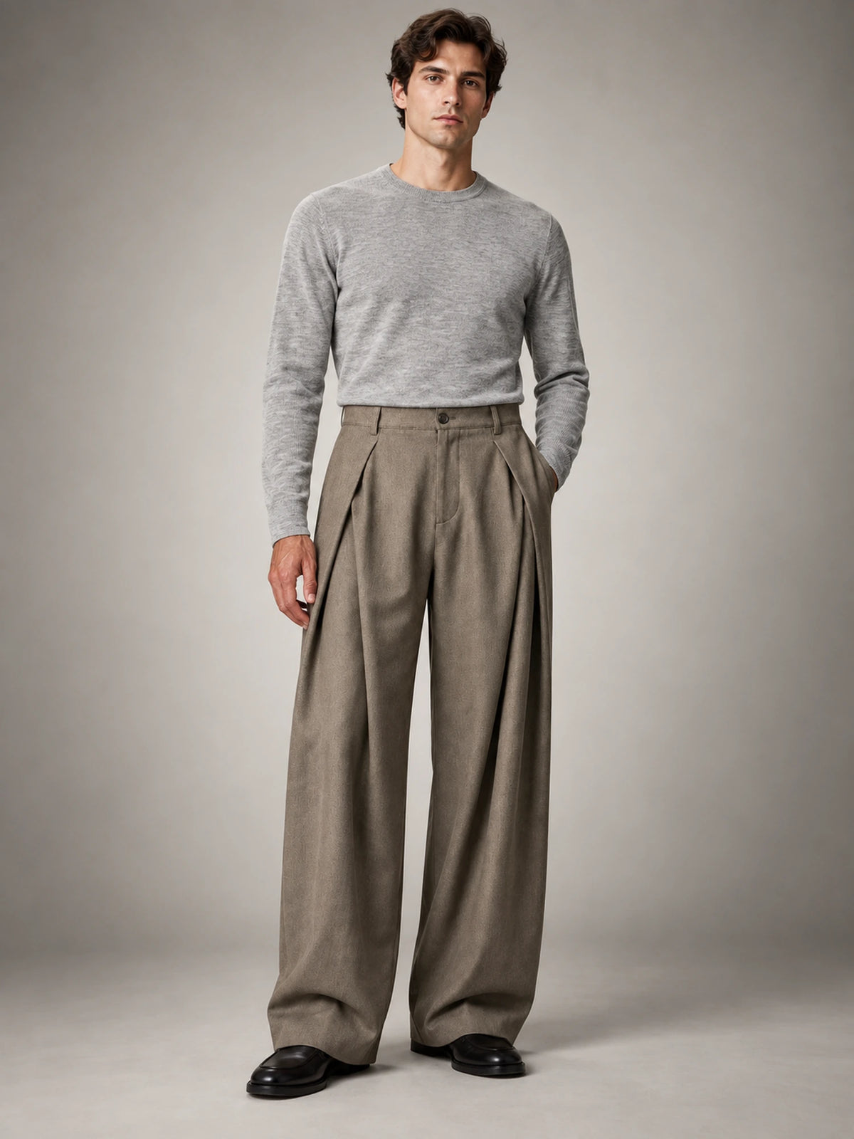 Men's Box-Pleat Wide-Leg Trousers in Taupe — front view