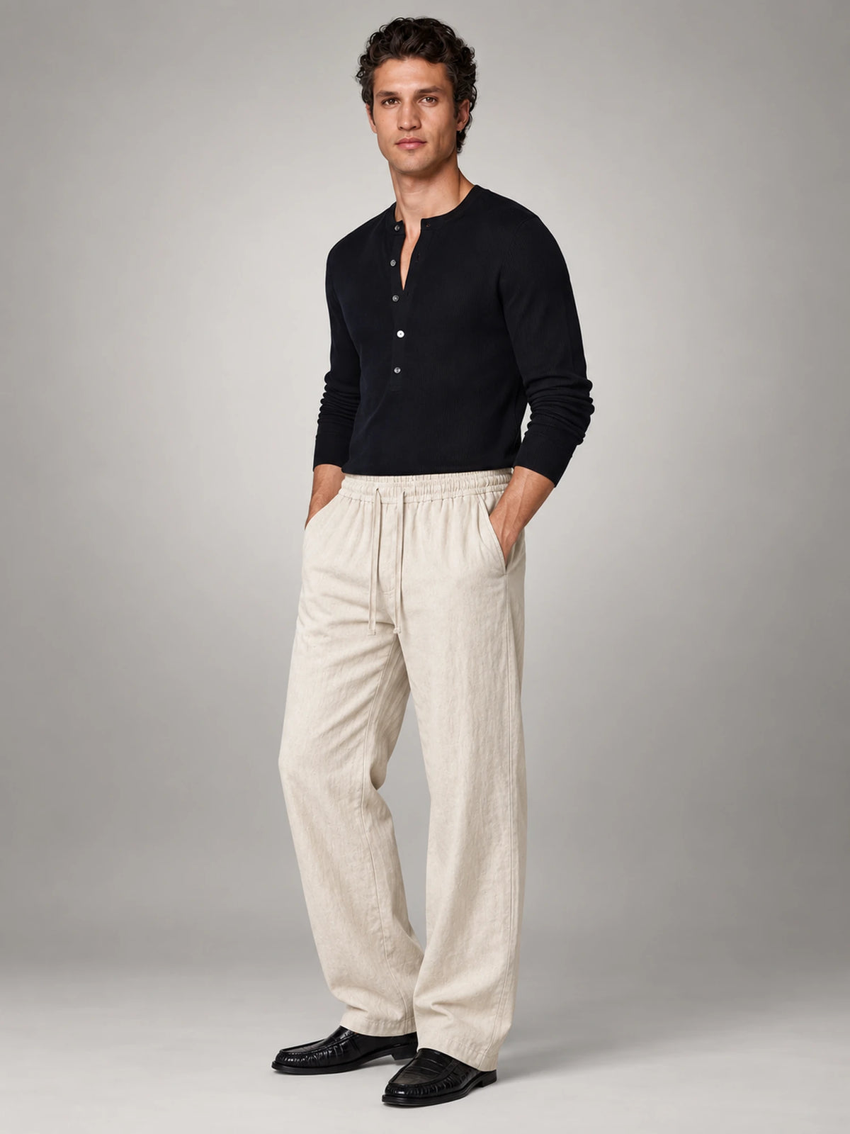 Men's Drawstring Baggy Linen Trousers in Natural — additional view 3