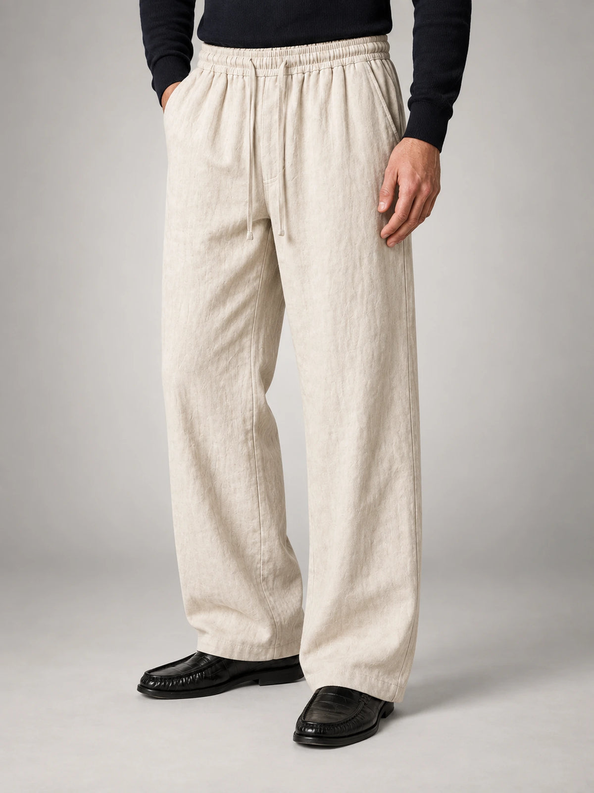 Men's Drawstring Baggy Linen Trousers in Natural — alternate view