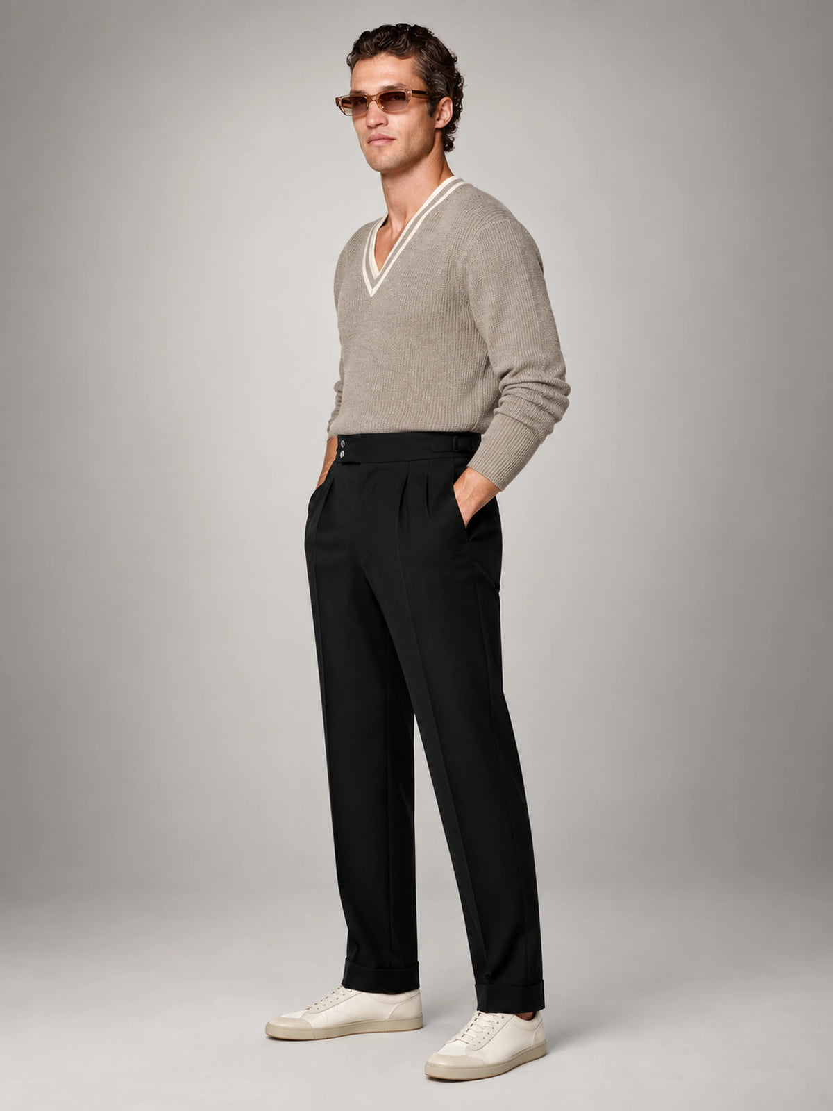 Men's High-Waist Flat-Front Formal Trousers in Black — additional view 3