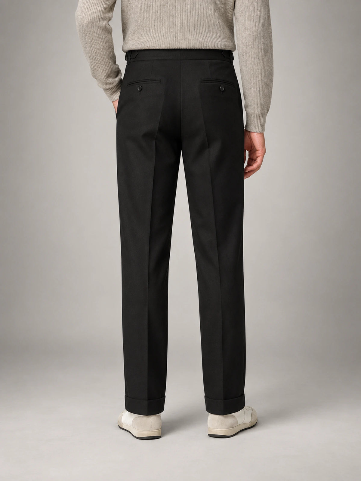 Men's High-Waist Flat-Front Formal Trousers in Black — back view