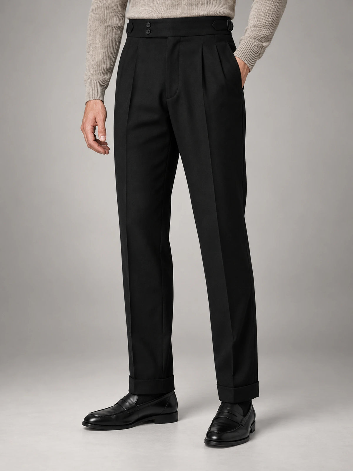 Men's High-Waist Flat-Front Formal Trousers in Black — alternate view