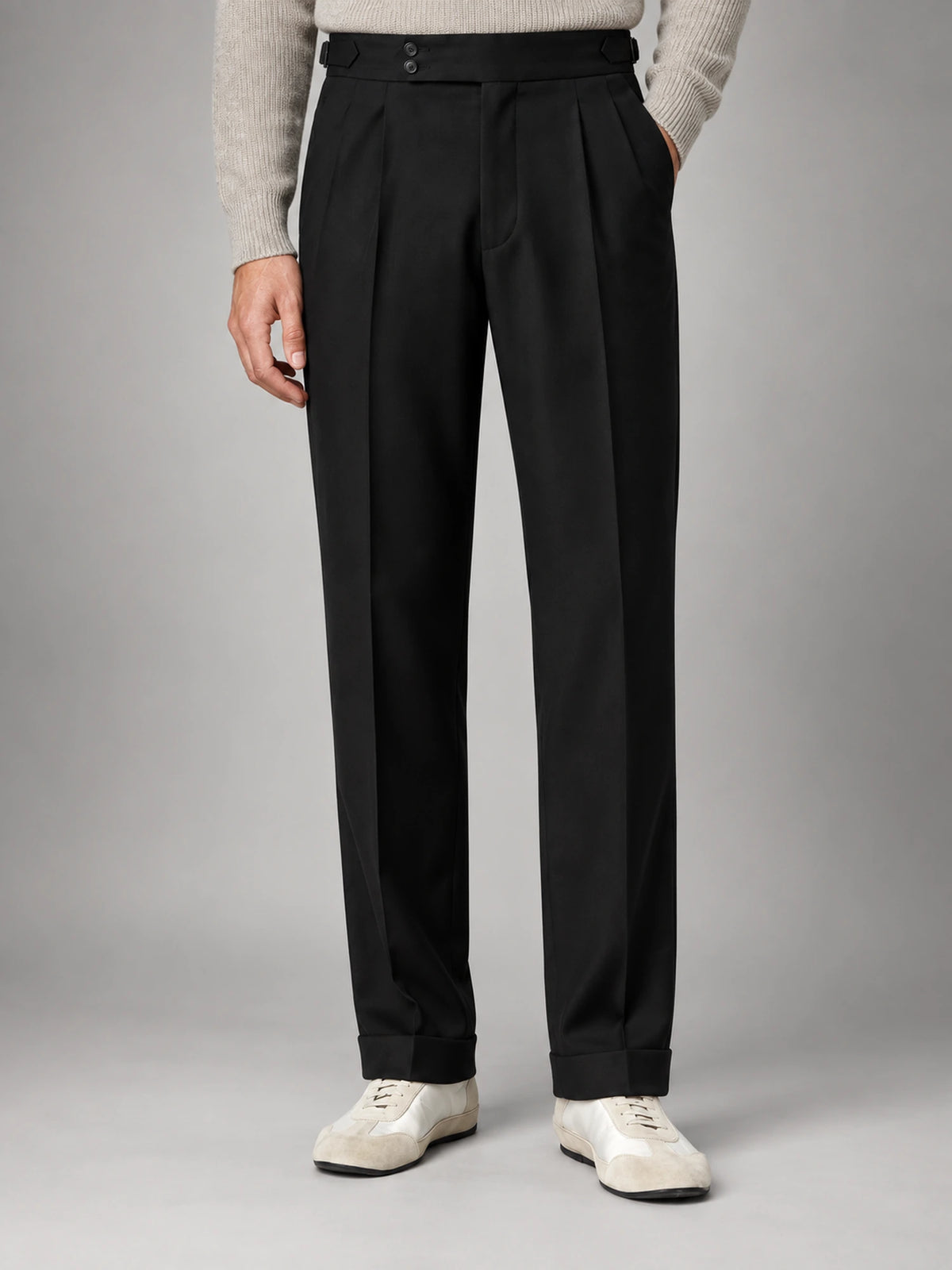 Men's High-Waist Flat-Front Formal Trousers in Black — front view