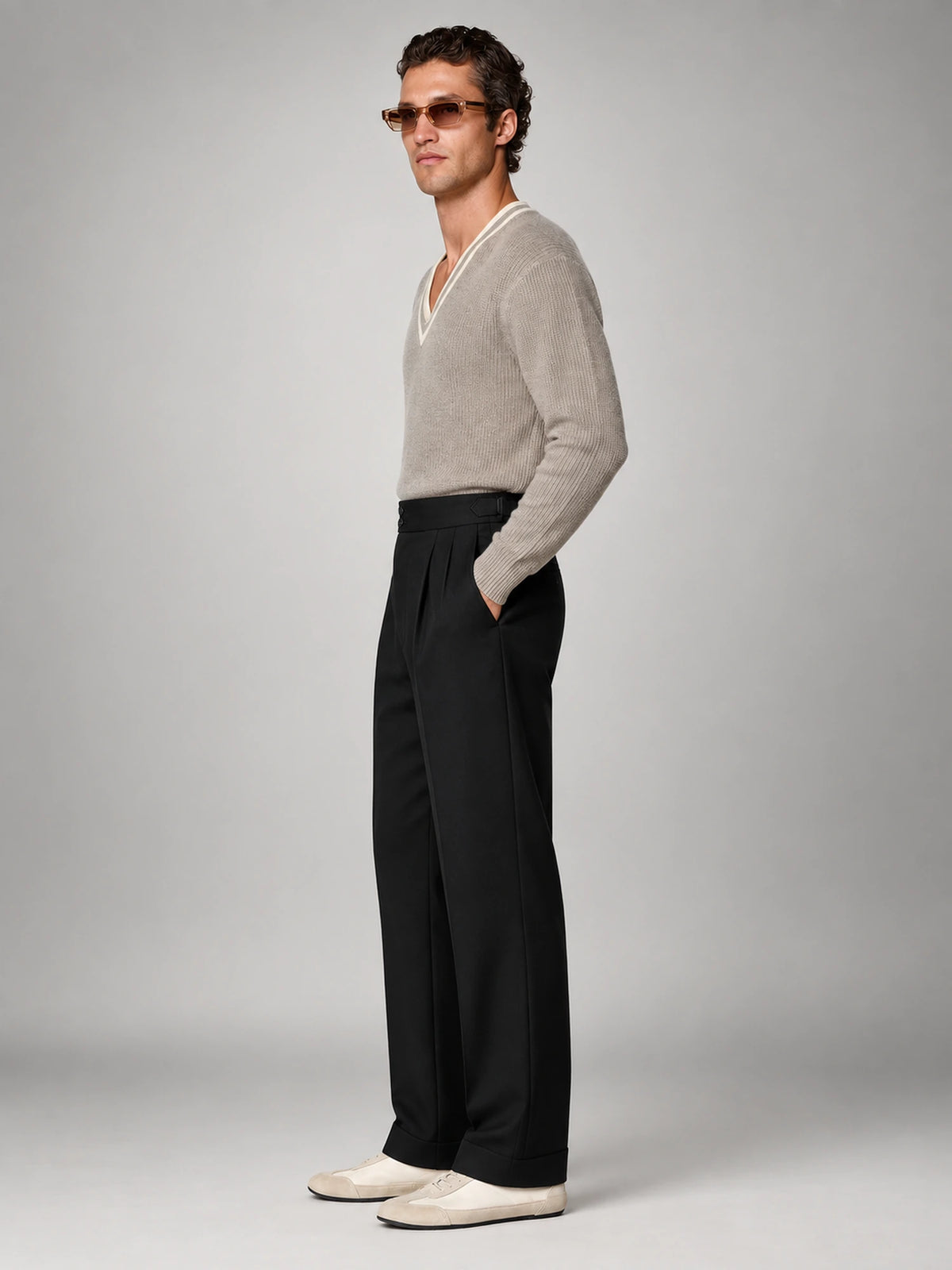 Men's High-Waist Flat-Front Formal Trousers in Black — side view
