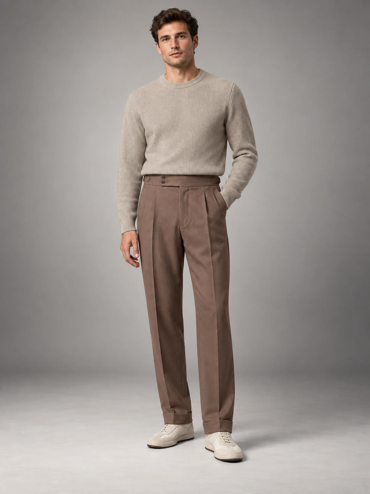 Men's High-Waist Flat-Front Formal Trousers in Brown — front view