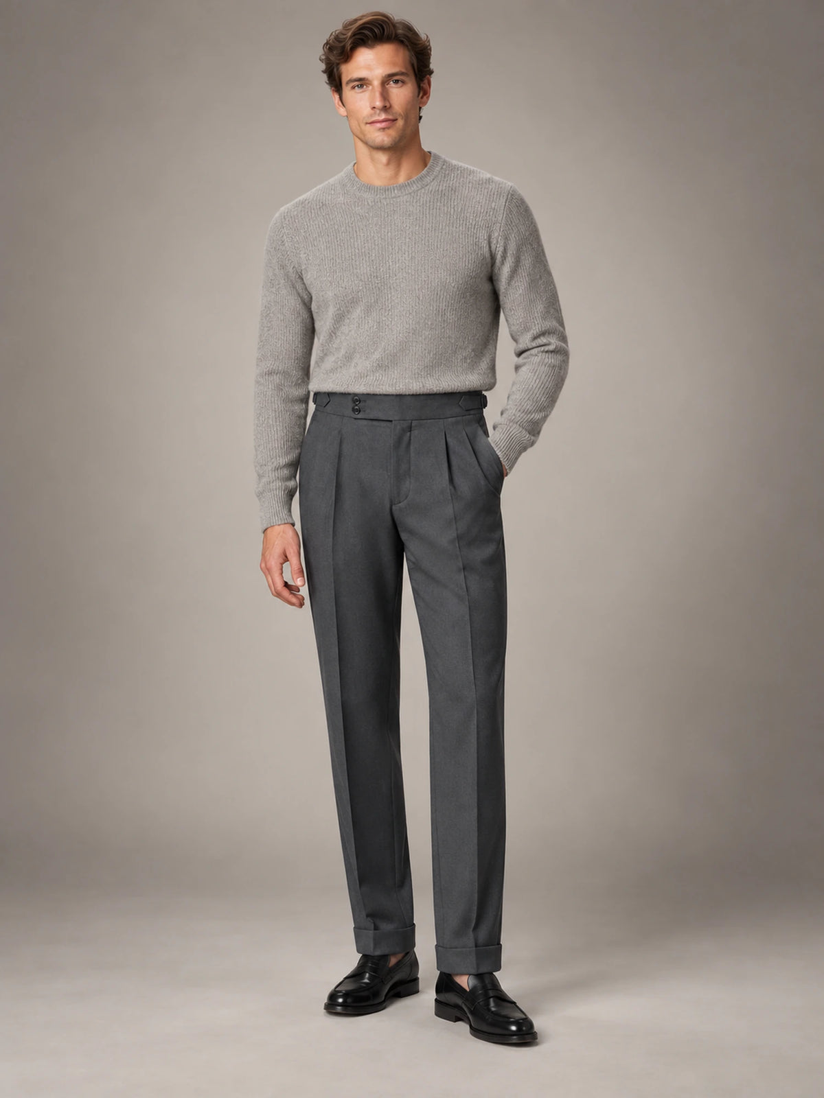 Men's High-Waist Flat-Front Formal Trousers in Charcoal — front view