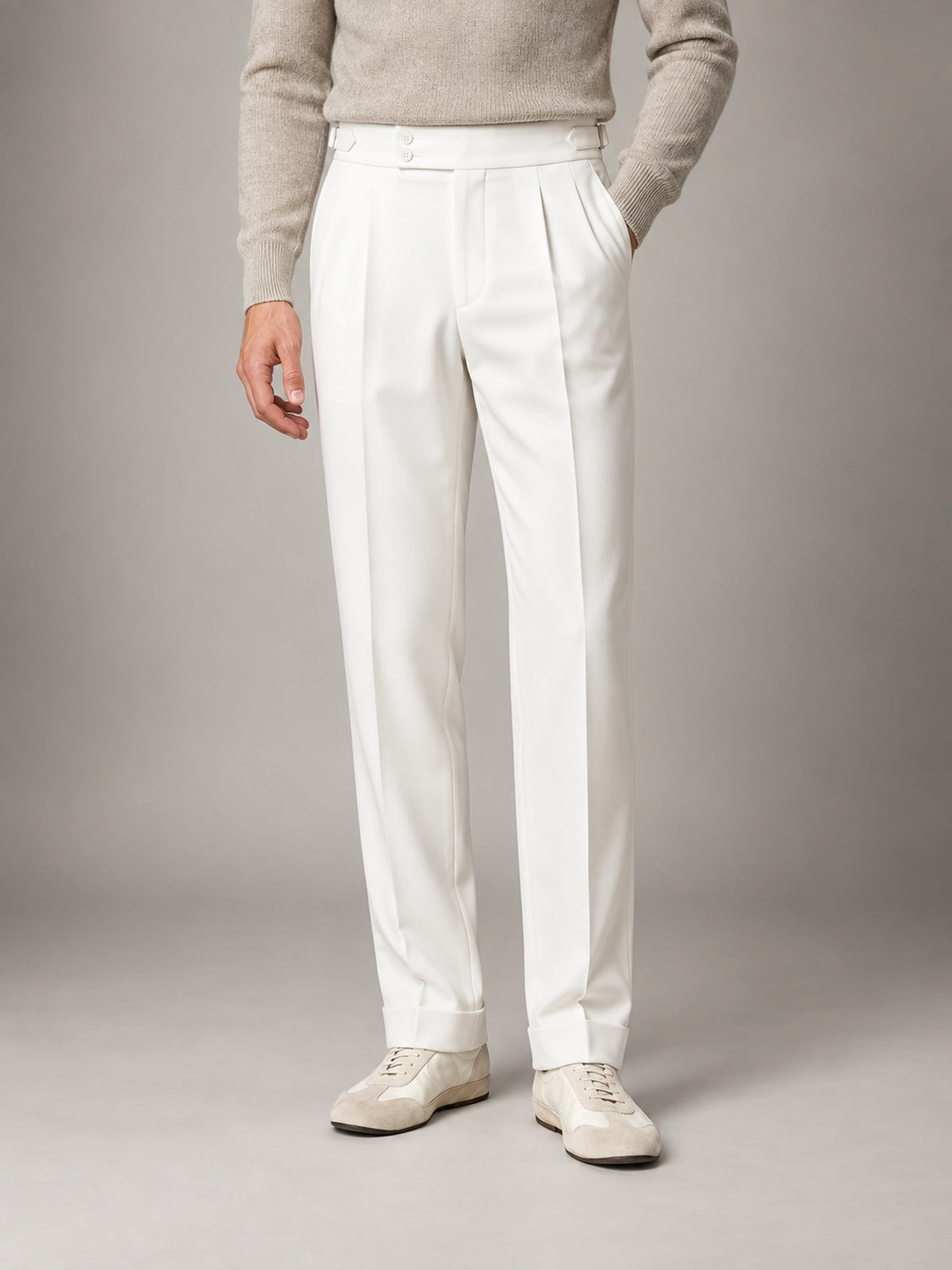 Men's High-Waist Flat-Front Formal Trousers in White — front view