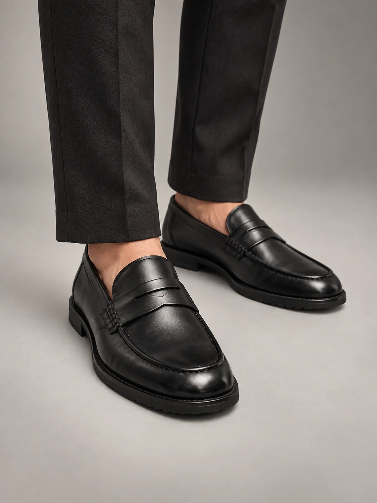 Men's Leather-Look Chunky-Sole Penny Loafers in Black — alternate view