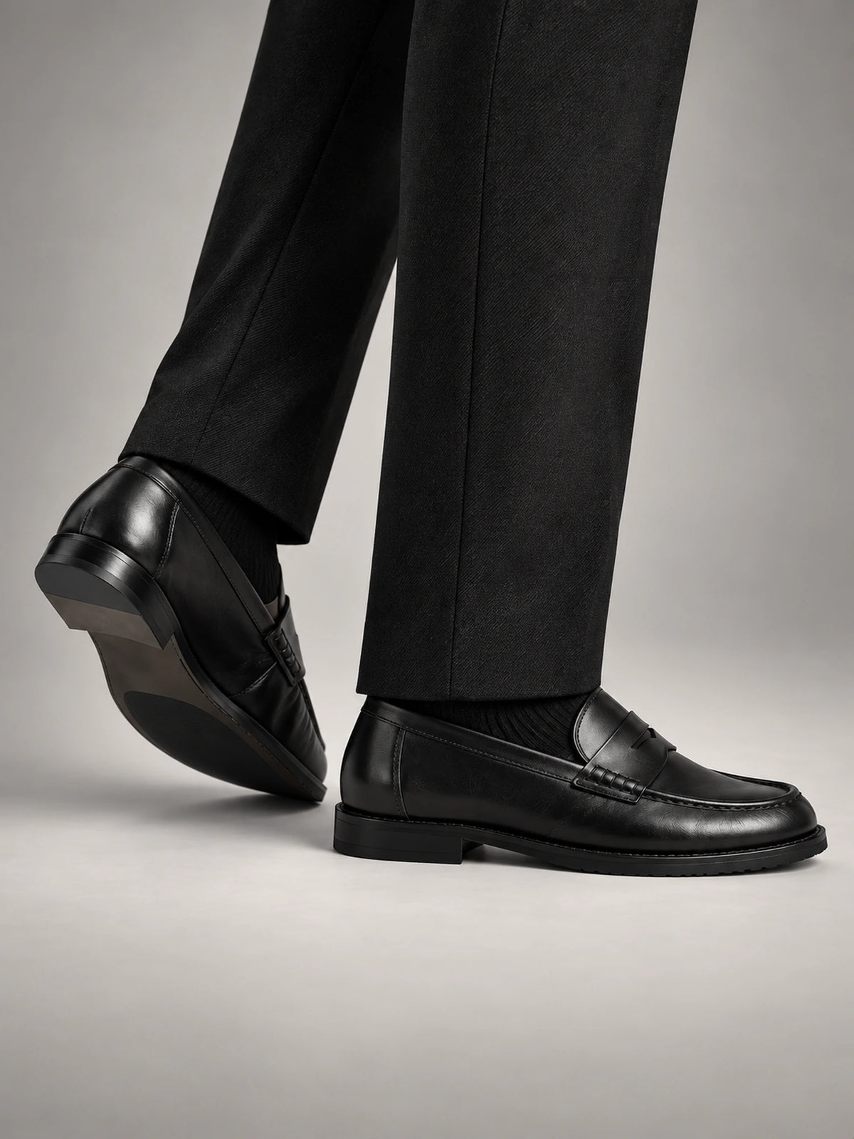 Men's Leather-Look Chunky-Sole Penny Loafers in Black — side view