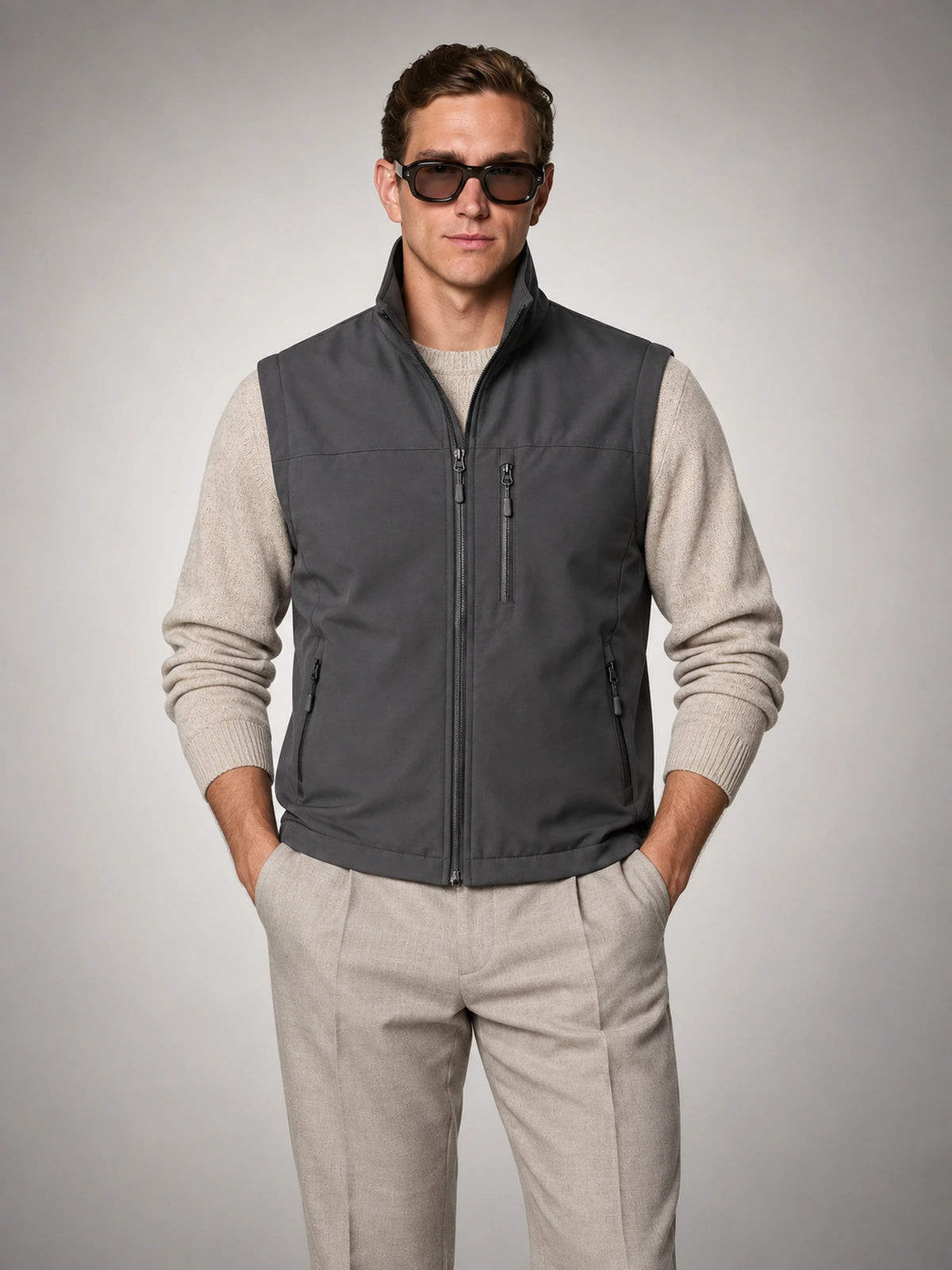 Men's Lightweight Zip Utility Gilet in Charcoal Grey — front view