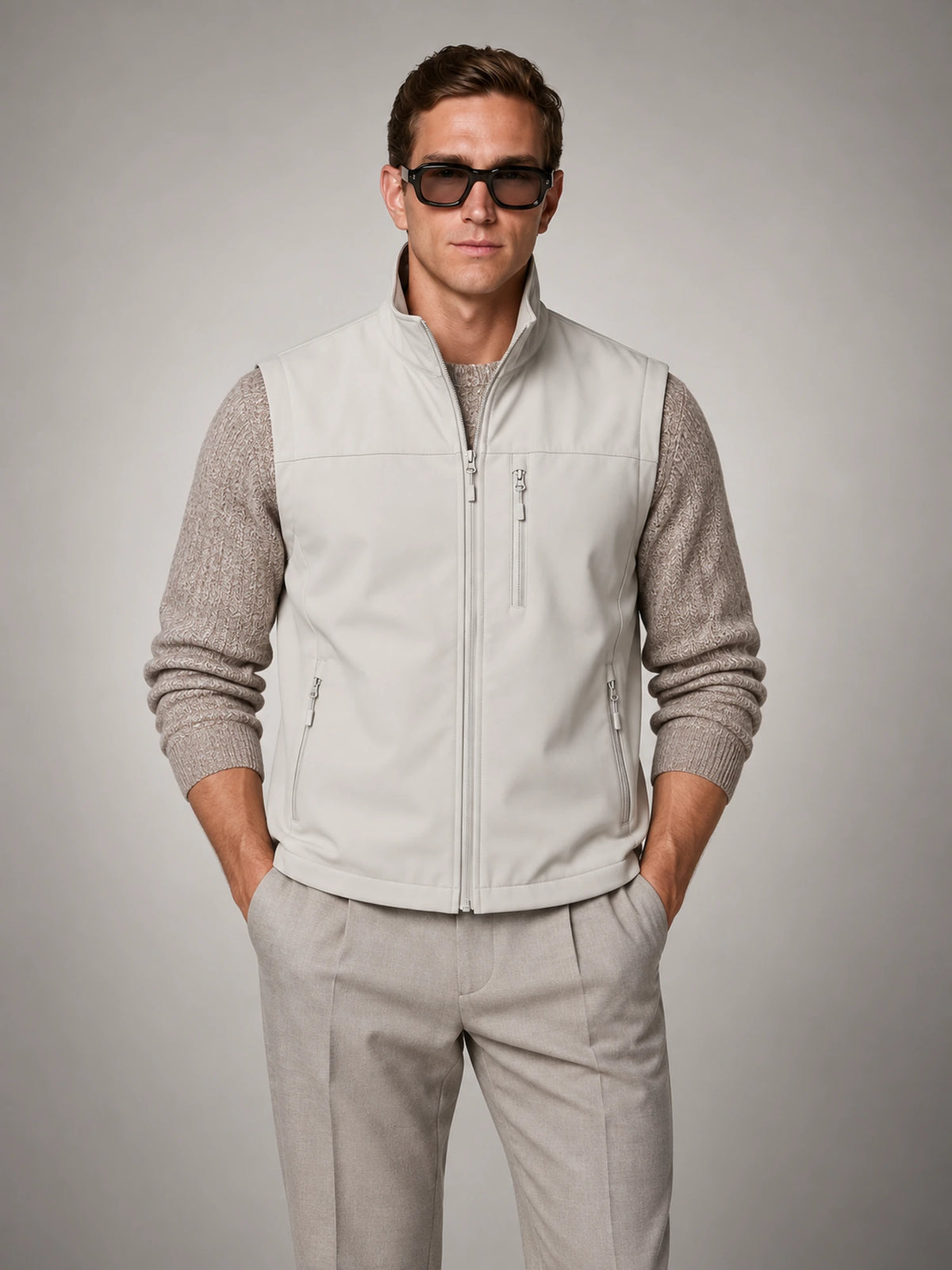 Men's Lightweight Zip Utility Gilet in Light Stone Grey — front view
