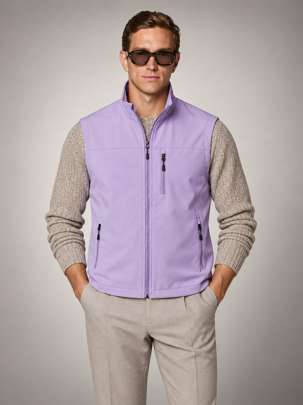 Men's Lightweight Zip Utility Gilet in Lilac — front view