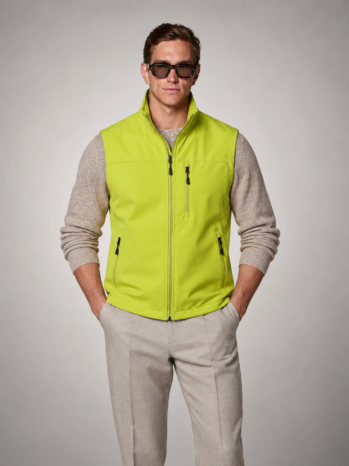 Men's Lightweight Zip Utility Gilet in Lime Green — front view
