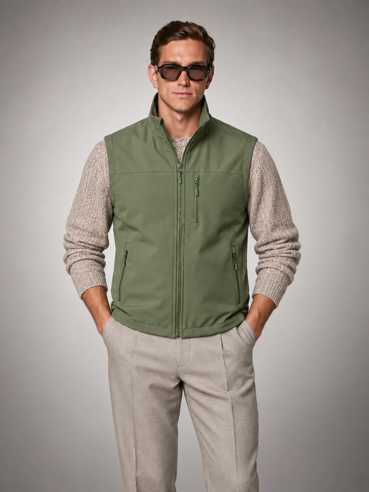 Men's Lightweight Zip Utility Gilet in Moss Green — front view