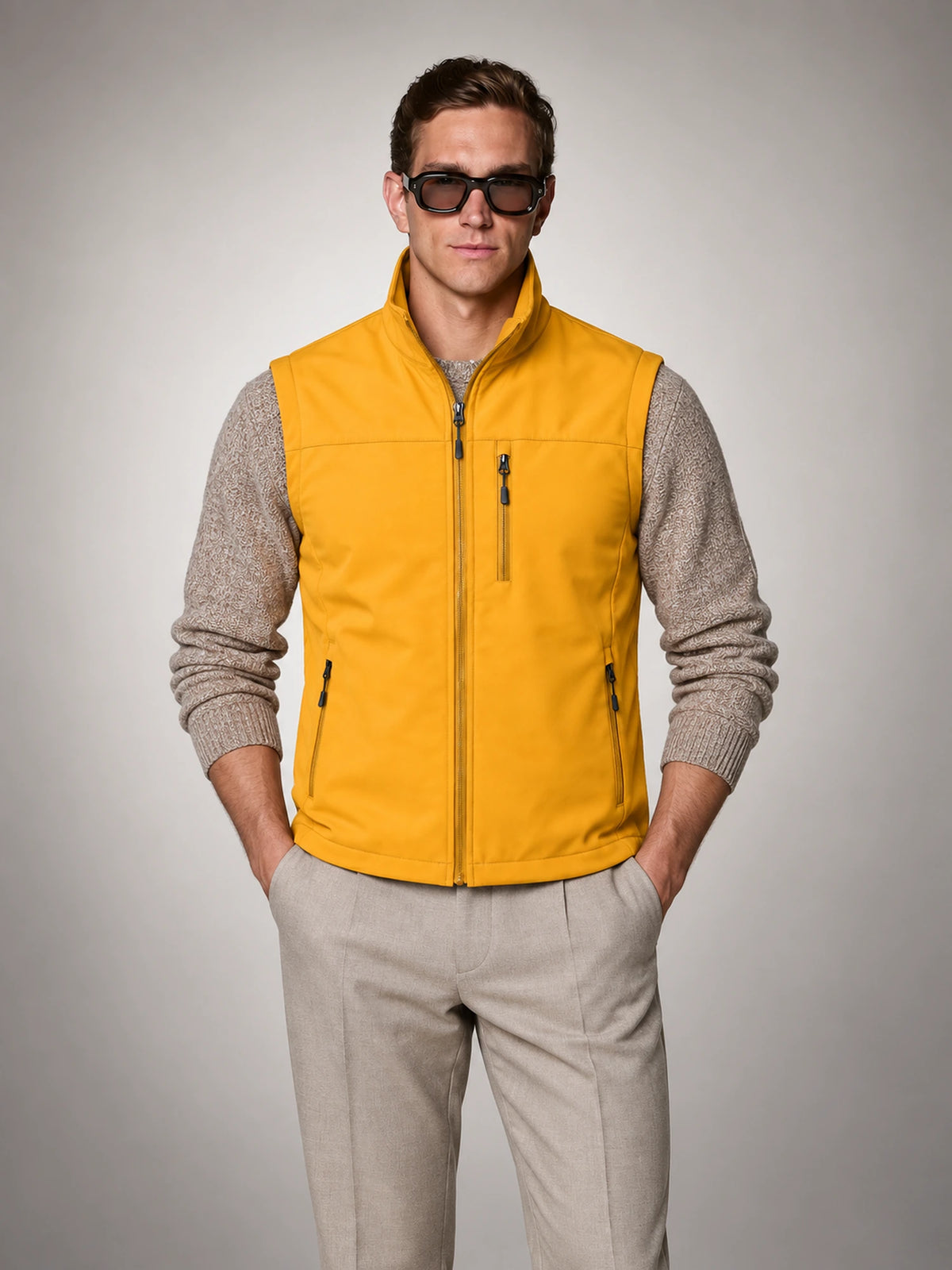 Men's Lightweight Zip Utility Gilet in Mustard Yellow — front view
