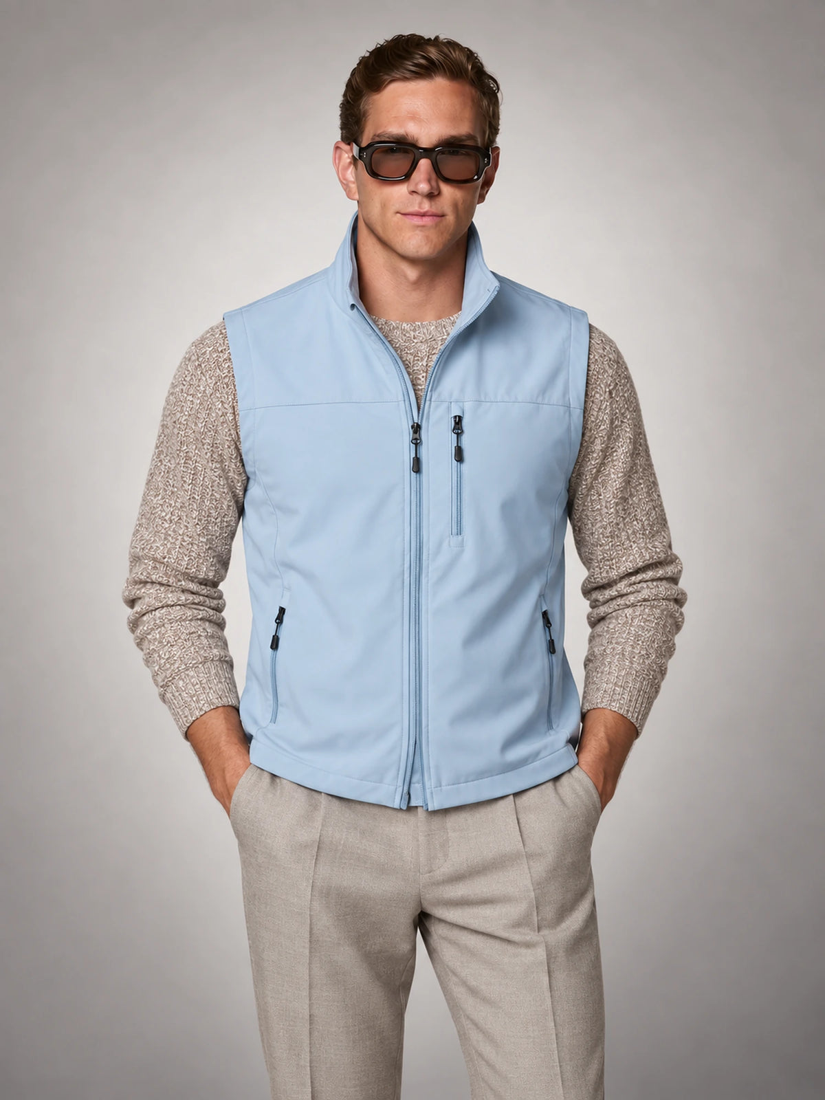 Men's Lightweight Zip Utility Gilet in Powder Blue — front view