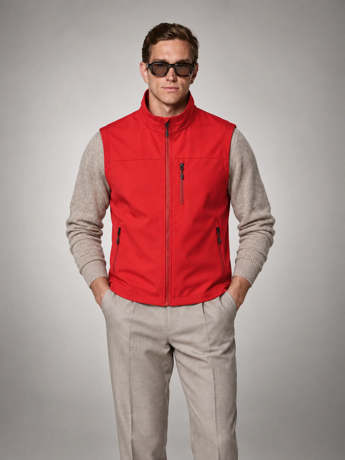 Men's Lightweight Zip Utility Gilet in Tomato Red — front view