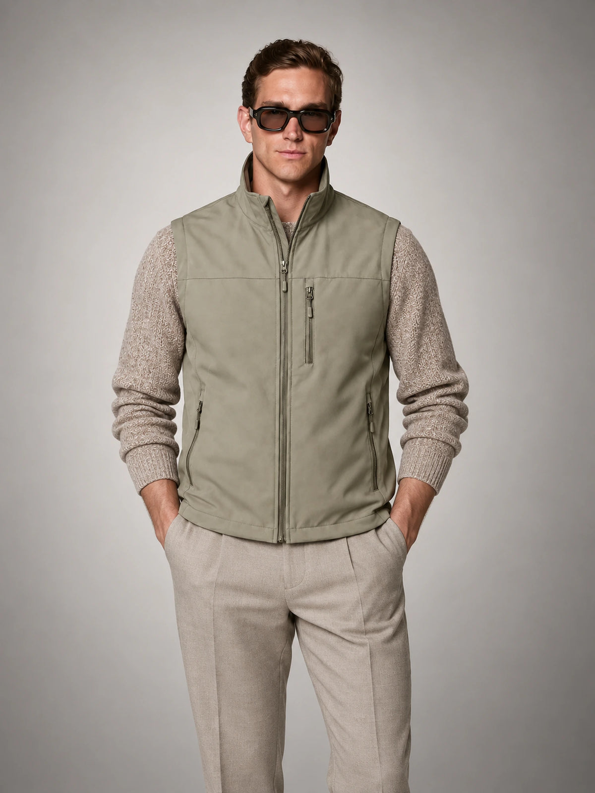 Men's Lightweight Zip Utility Gilet in Warm Khaki — front view
