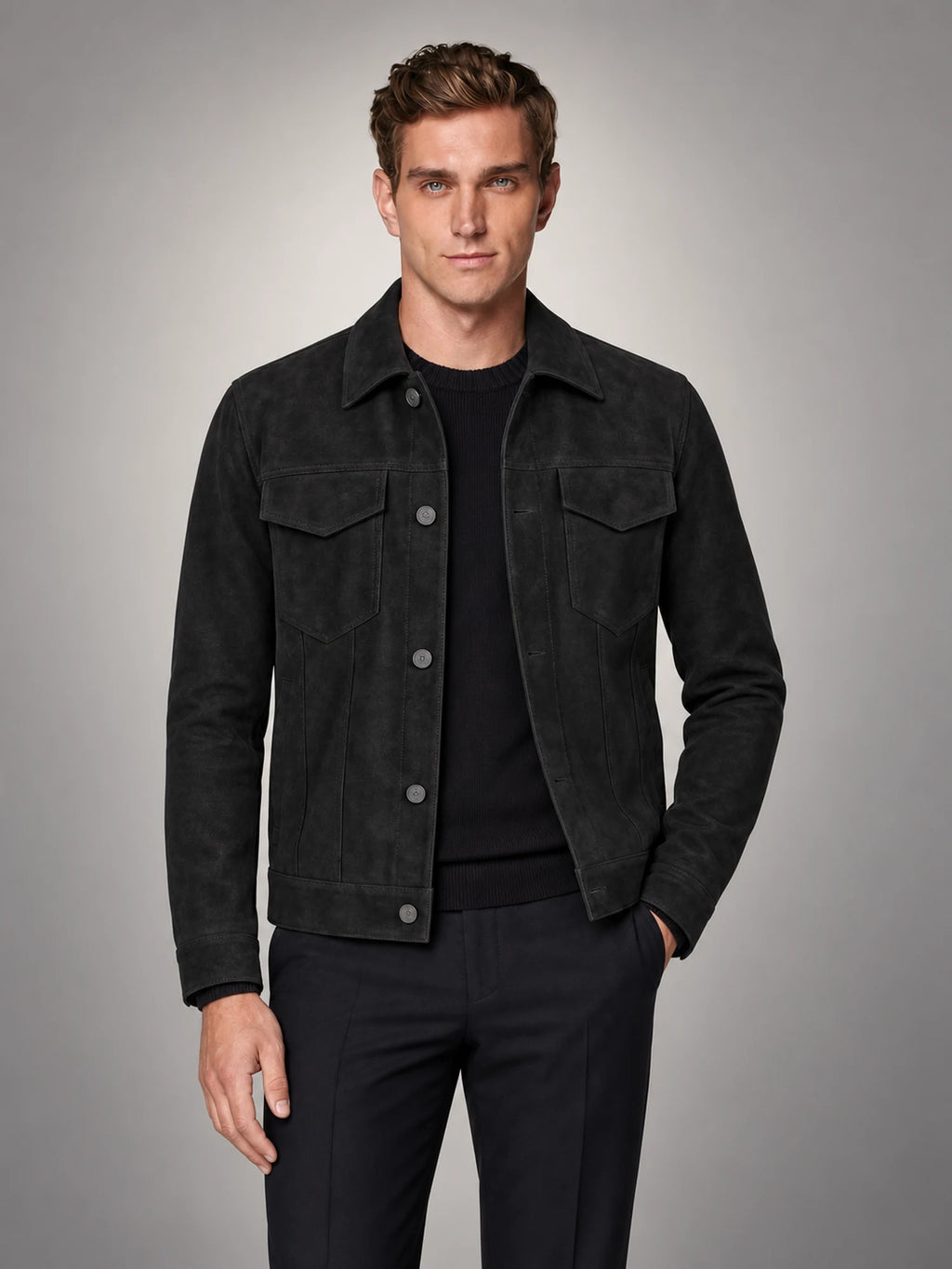 Volantero Men's Minimalist Button Closure Jacket in Black, front view