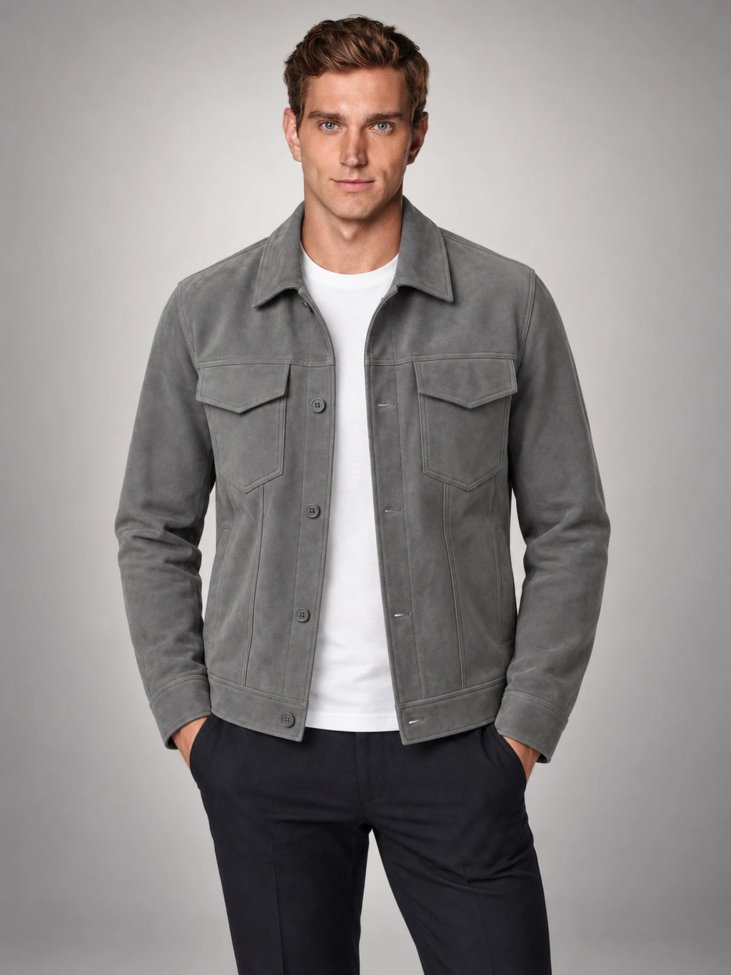 Volantero Men's Minimalist Button Closure Jacket in Grey, hover view
