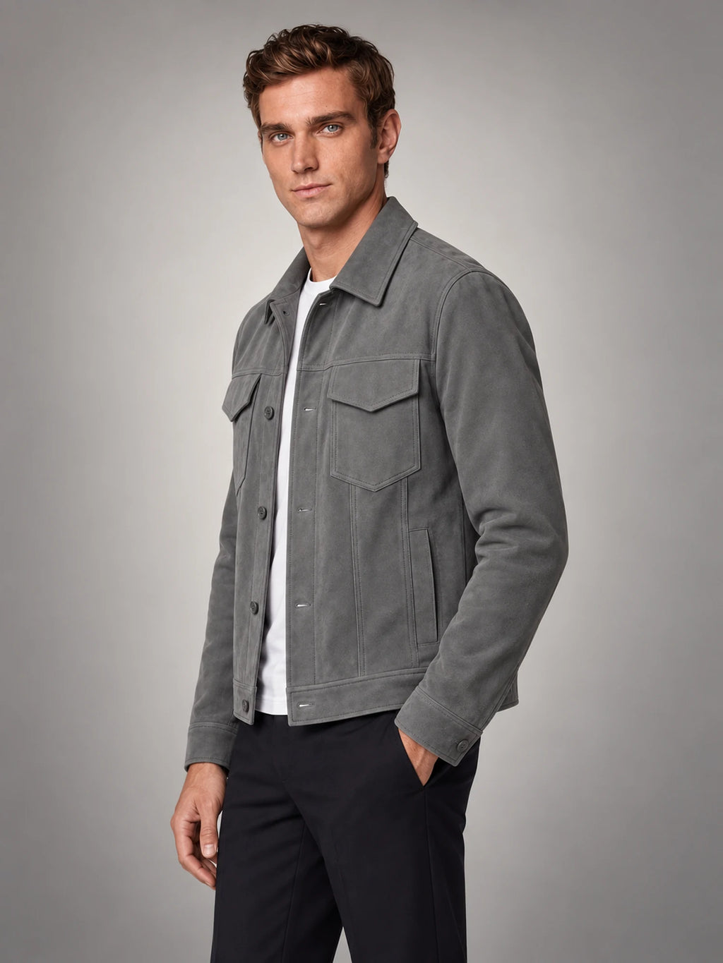 Volantero Men's Minimalist Button Closure Jacket in Grey, side view