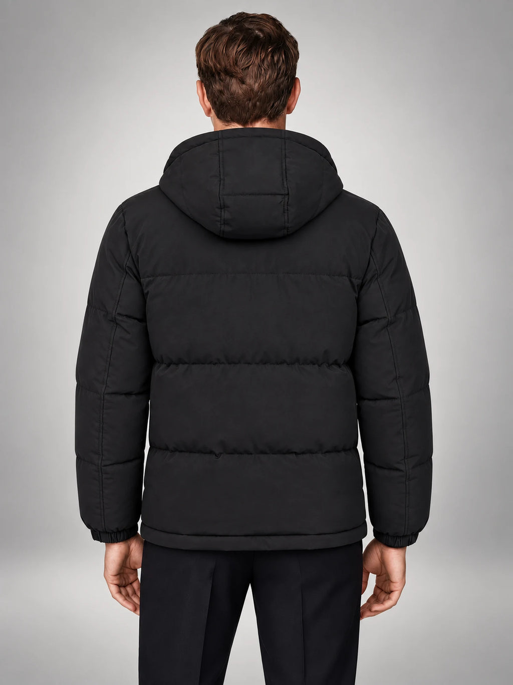 Volantero Men's Black Hooded Puffer Jacket in Black, back view