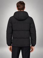 Volantero Men's Black Hooded Puffer Jacket in Black, back view