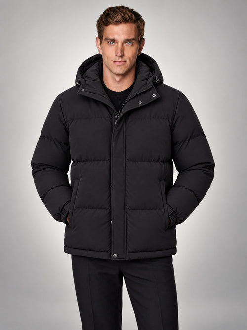Volantero Men's Black Hooded Puffer Jacket in Black, hover view