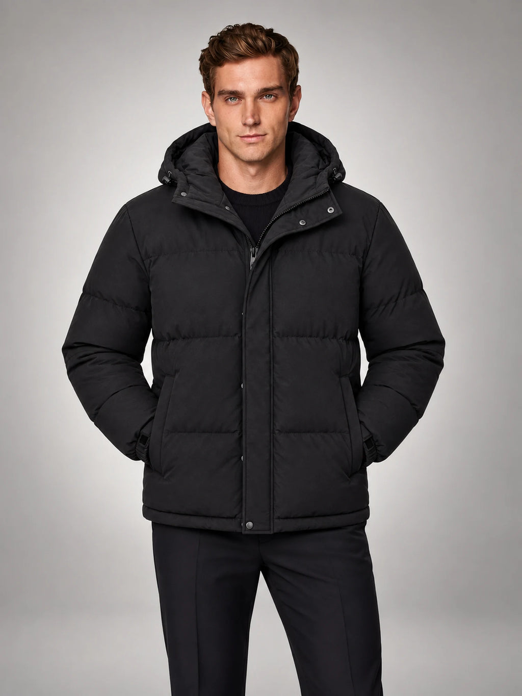Volantero Men's Black Hooded Puffer Jacket in Black, main view
