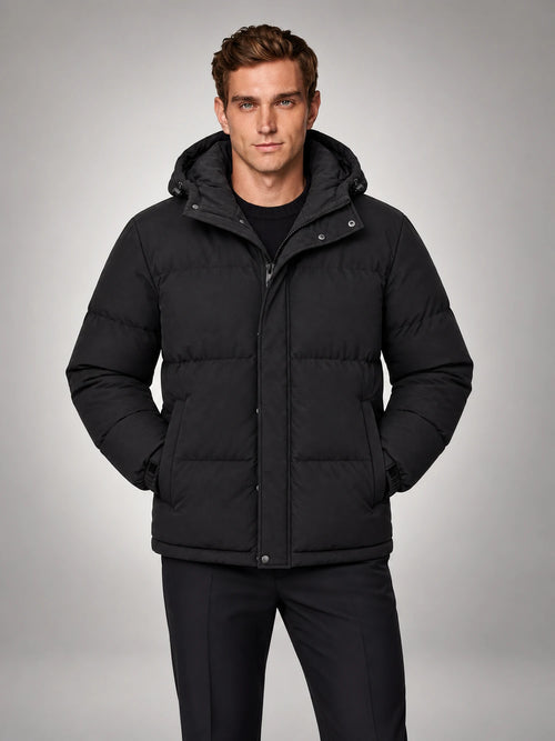 Volantero Men's Black Hooded Puffer Jacket in Black, main view