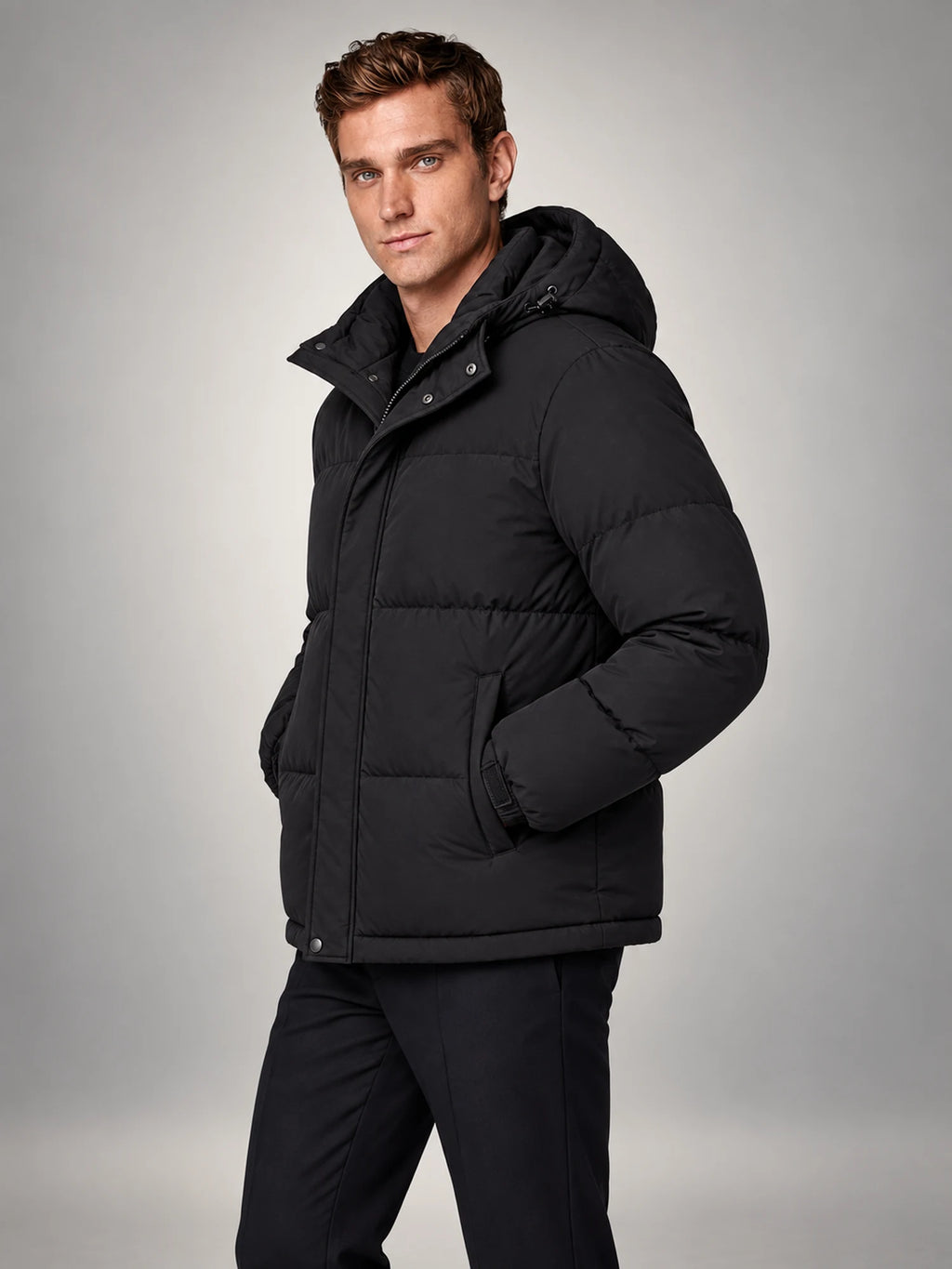 Volantero Men's Black Hooded Puffer Jacket in Black, side view
