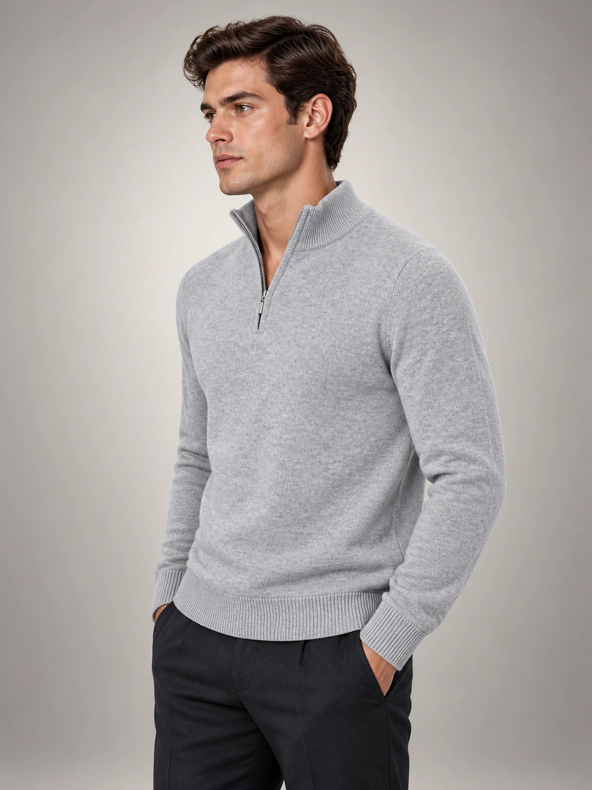 Volantero Men's Grey Mélange Half-Zip Sweater in Grey, side view