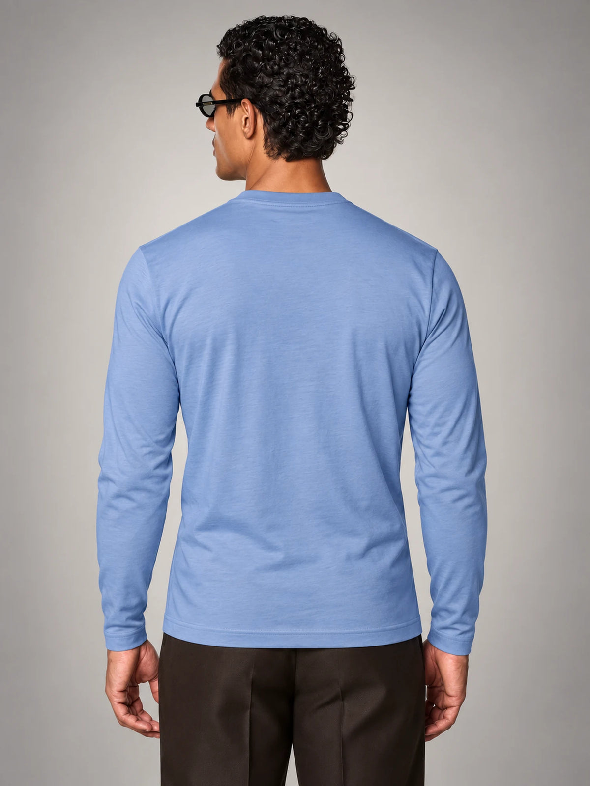 Volantero Men's Cotton-Blend Long-Sleeve Crew-Neck Shirt in Blue, back view