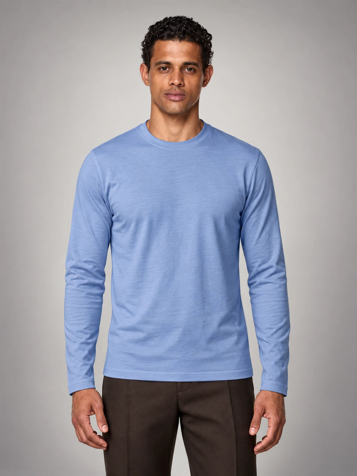 Volantero Men's Cotton-Blend Long-Sleeve Crew-Neck Shirt in Blue, front view