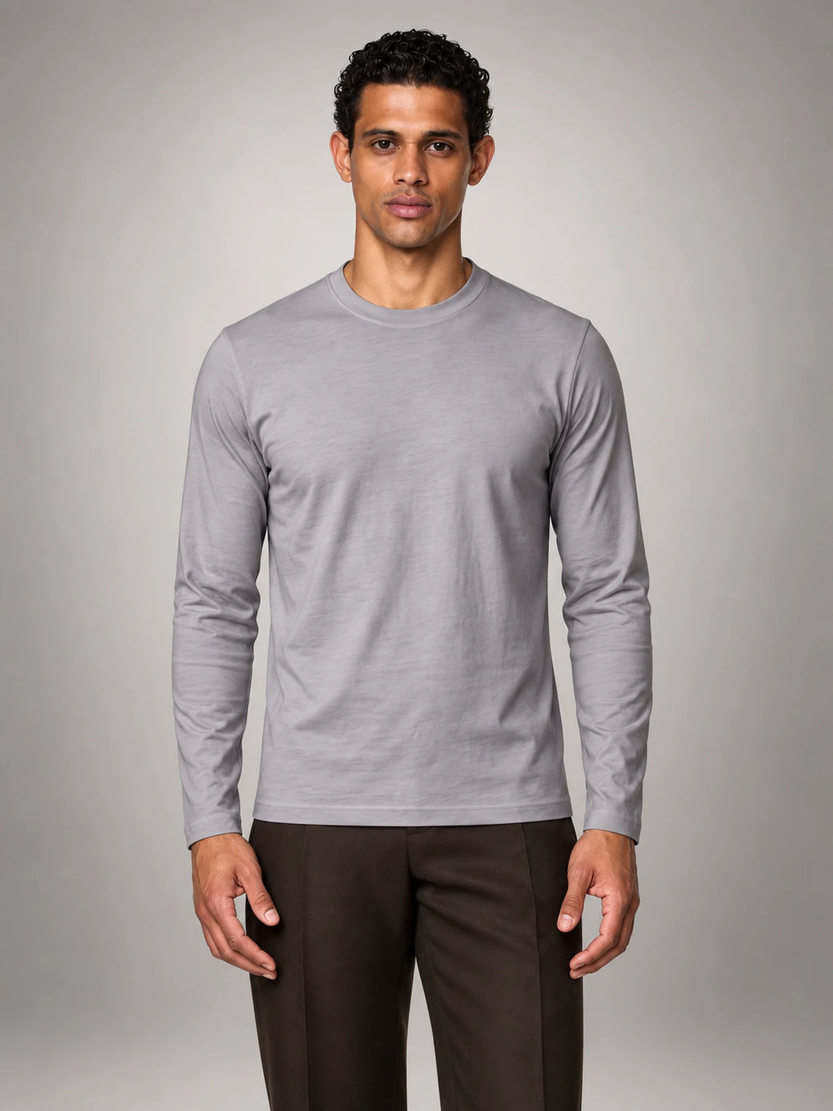 Volantero Men's Cotton-Blend Long-Sleeve Crew-Neck Shirt in Dark Grey, front view