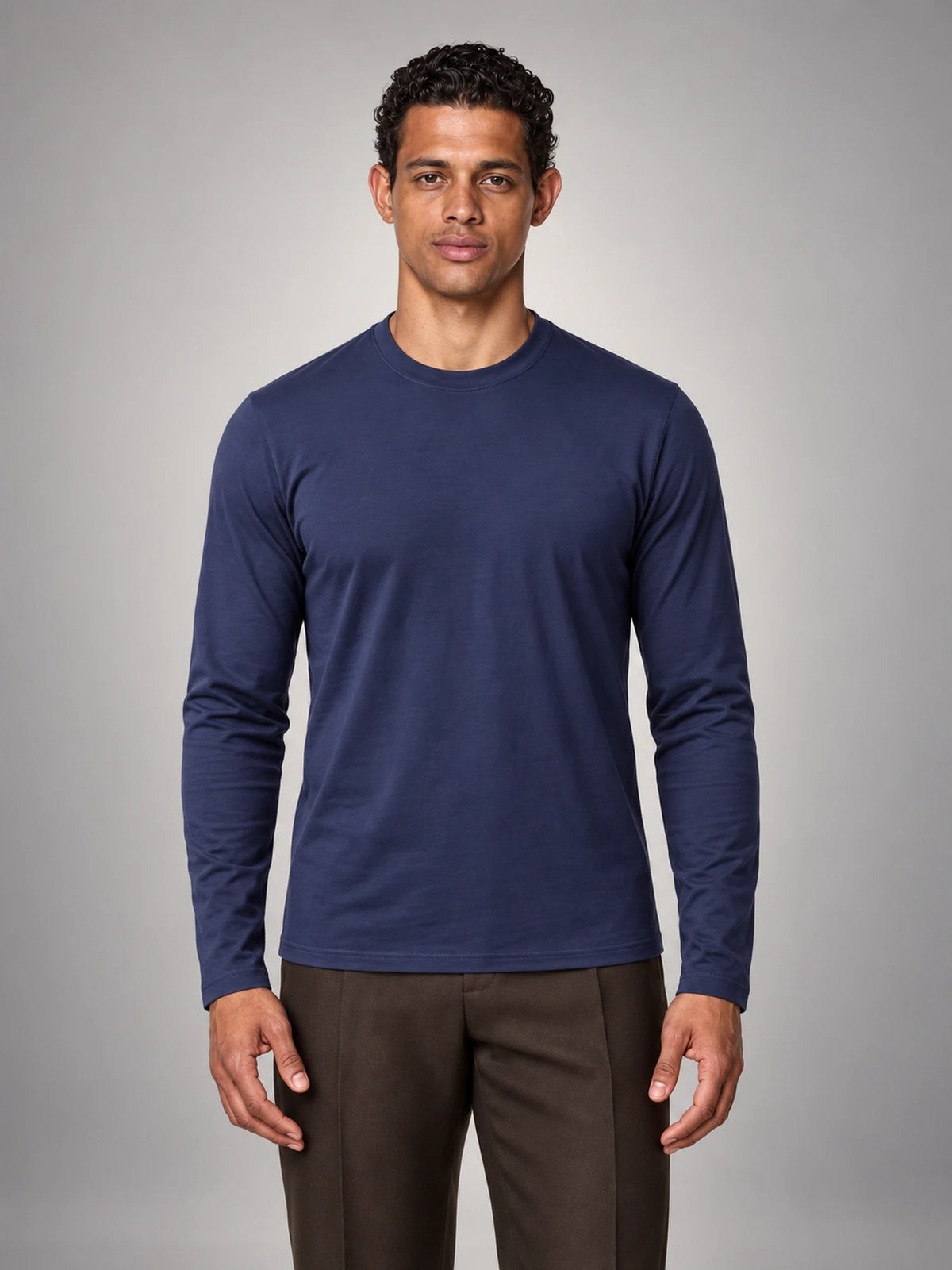 Volantero Men's Cotton-Blend Long-Sleeve Crew-Neck Shirt in Navy, front view
