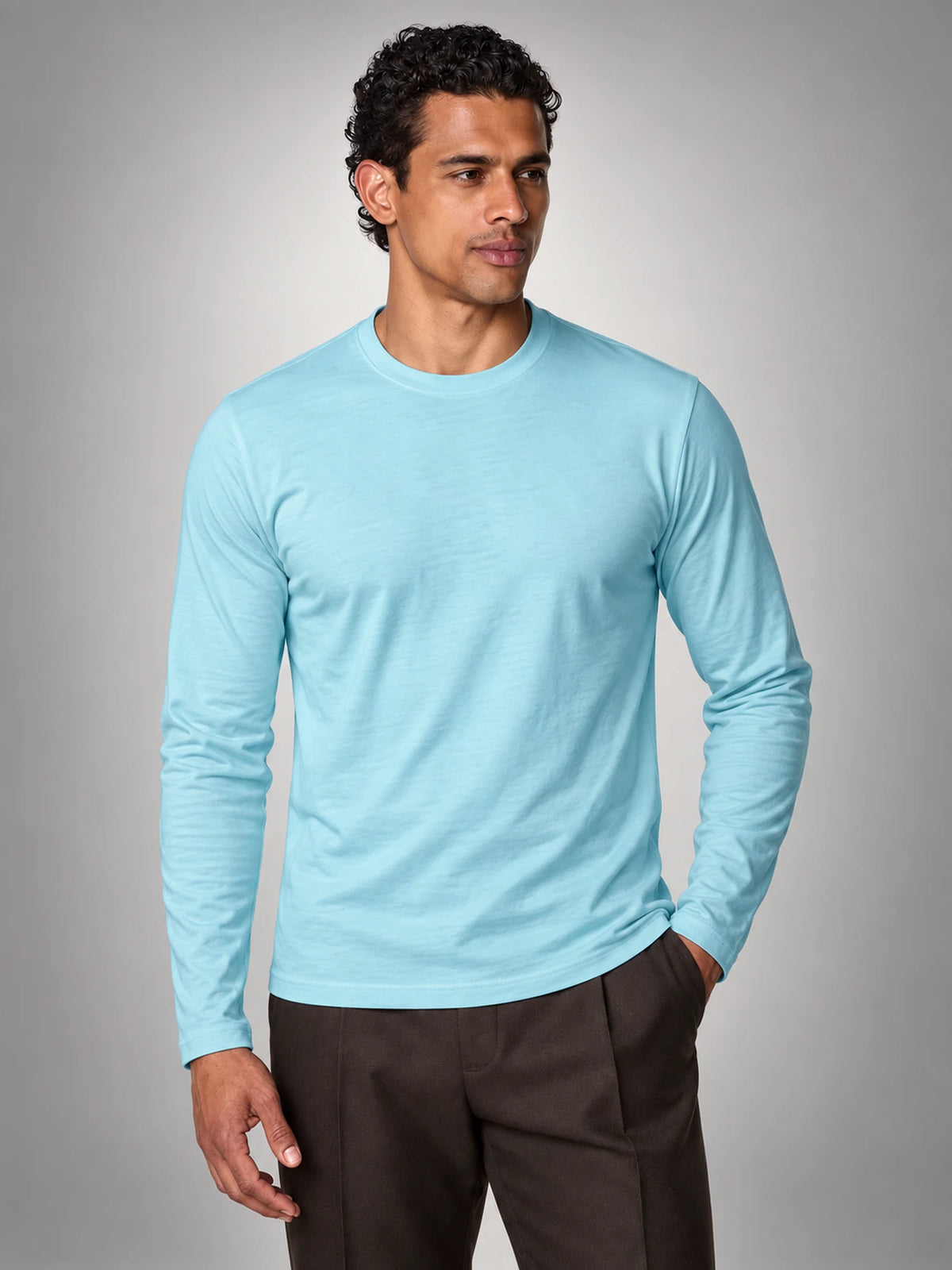 Volantero Men's Cotton-Blend Long-Sleeve Crew-Neck Shirt in Sky Blue, hover view