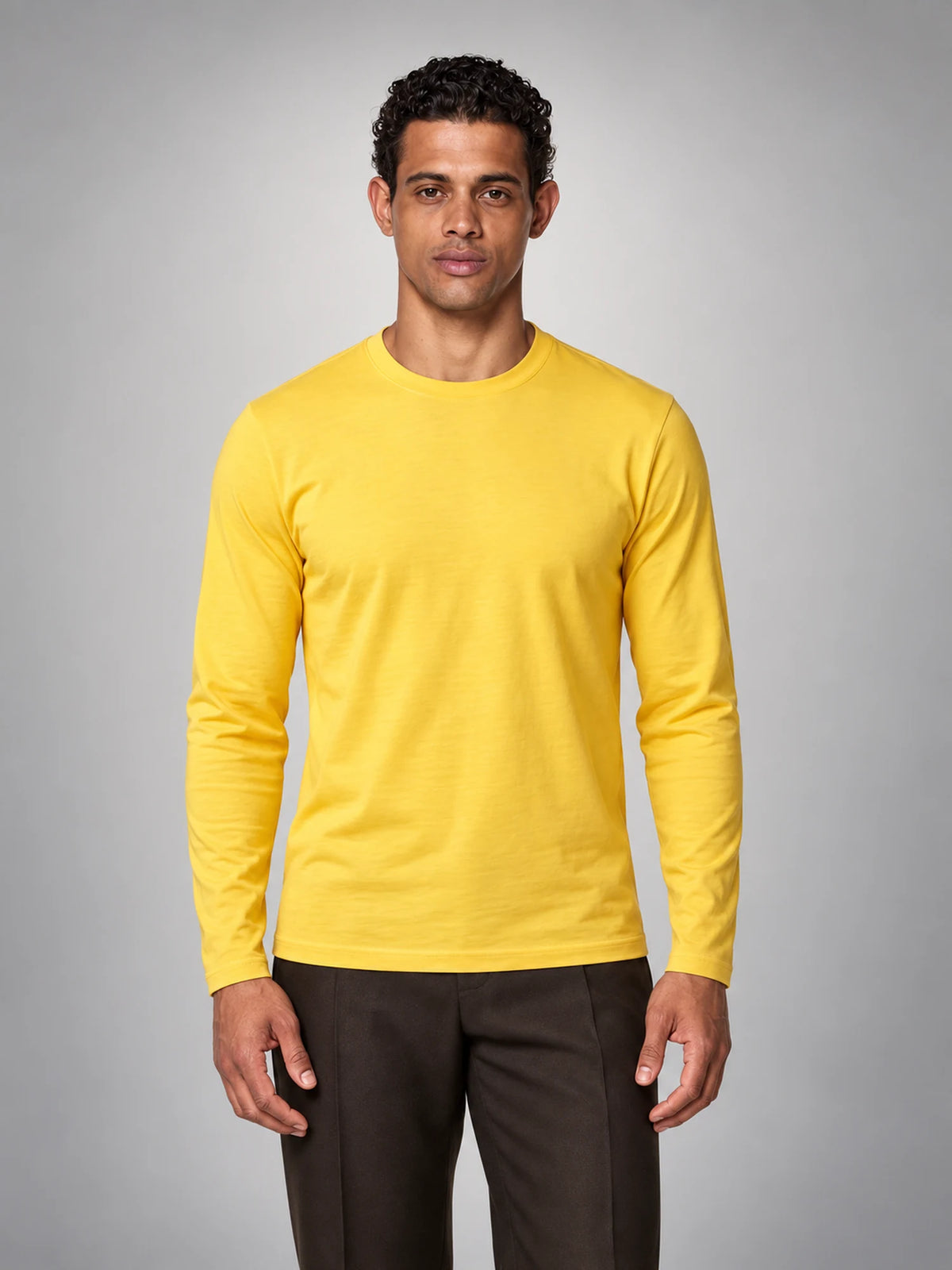 Volantero Men's Cotton-Blend Long-Sleeve Crew-Neck Shirt in Yellow, front view