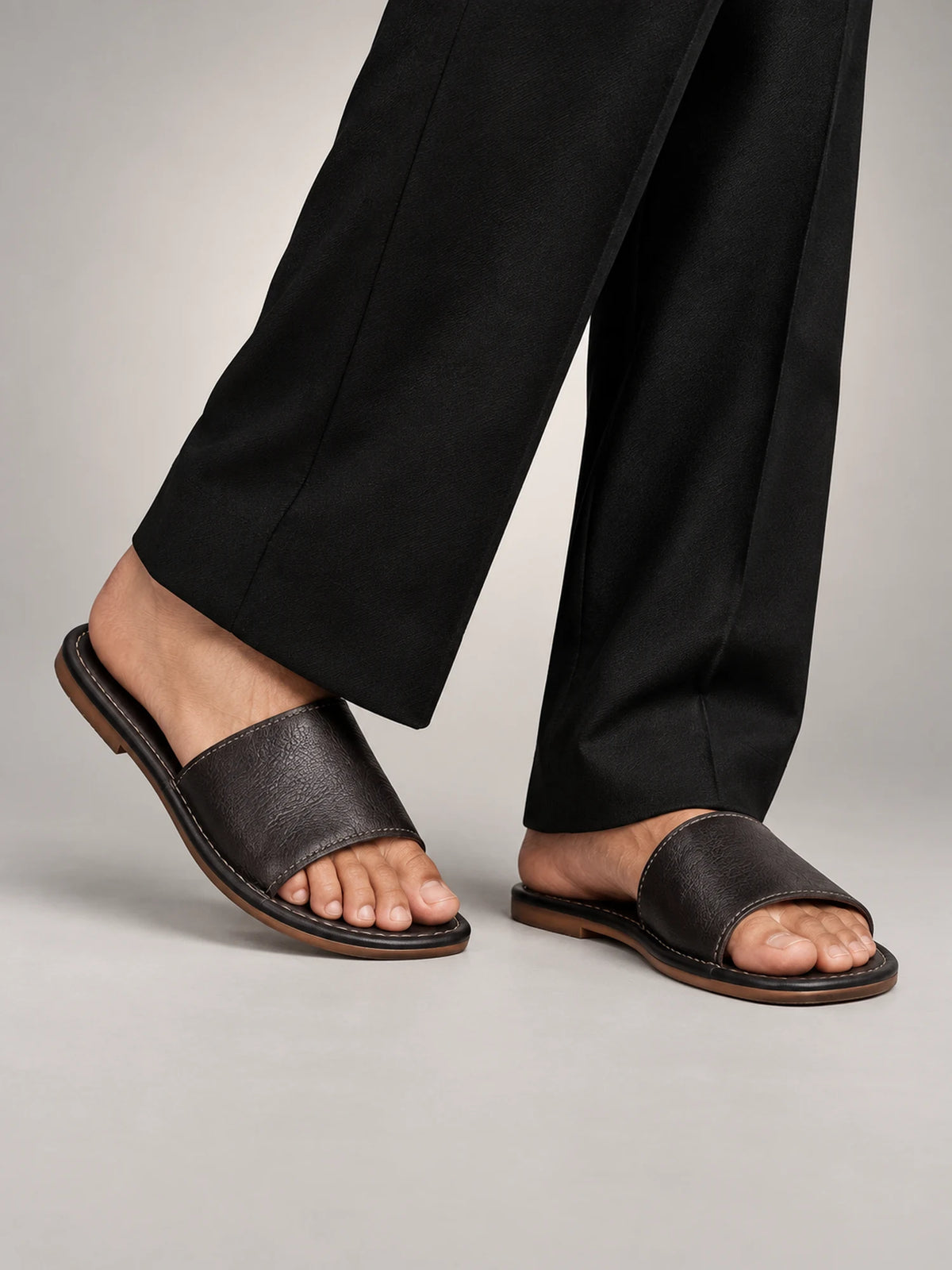 Volantero Men's Textured Leather Open-Toe Slide Sandals in Black, main view
