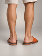 Volantero Men's Textured Leather Open-Toe Slide Sandals in Orange, back view