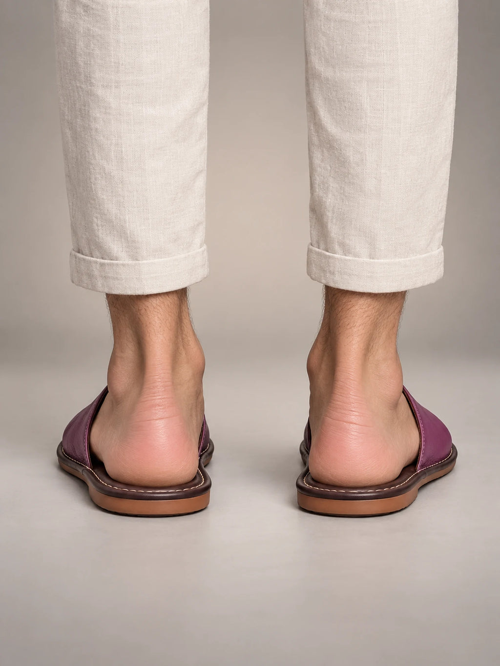Volantero Men's Textured Leather Open-Toe Slide Sandals in Purple, back view