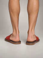 Volantero Men's Textured Leather Open-Toe Slide Sandals in Red, back view