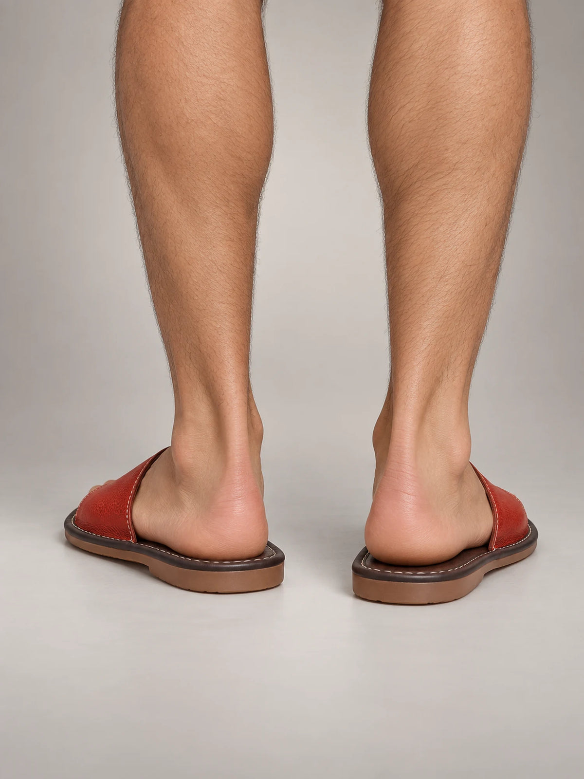 Volantero Men's Textured Leather Open-Toe Slide Sandals in Red, back view