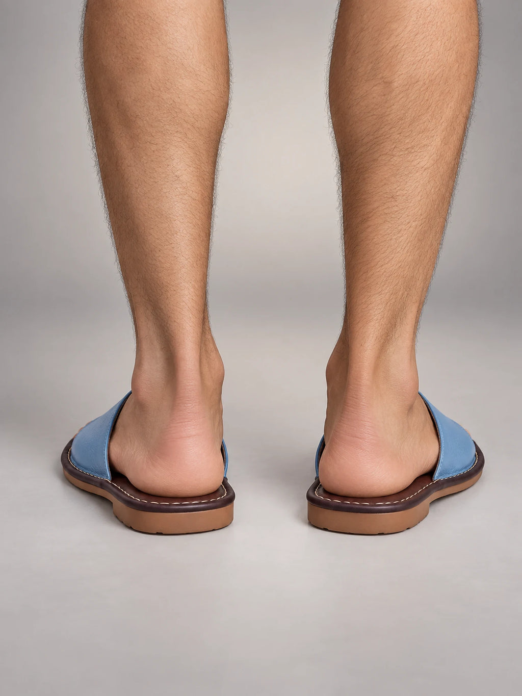 Volantero Men's Textured Leather Open-Toe Slide Sandals in Sky Blue, back view