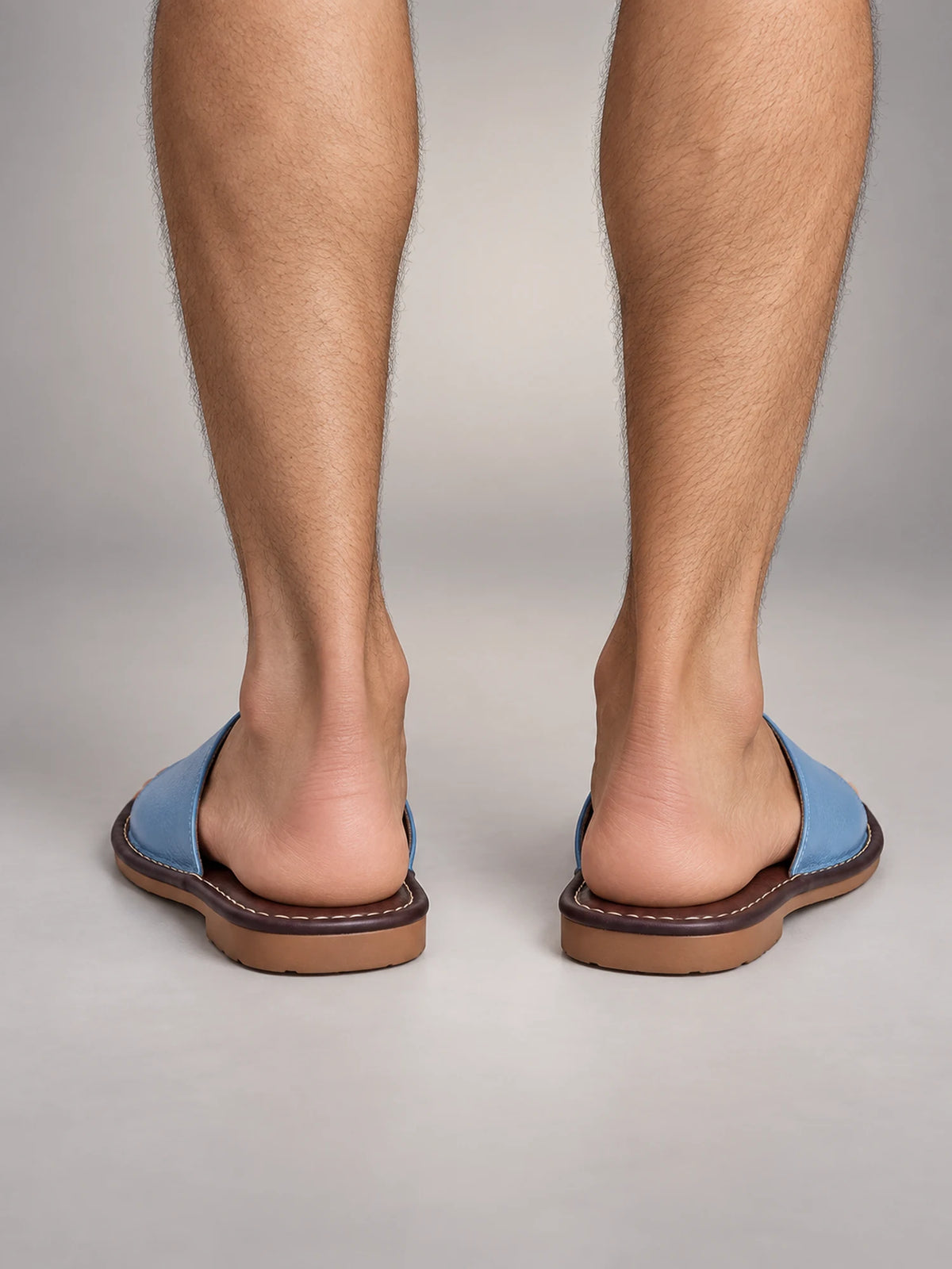 Volantero Men's Textured Leather Open-Toe Slide Sandals in Sky Blue, back view